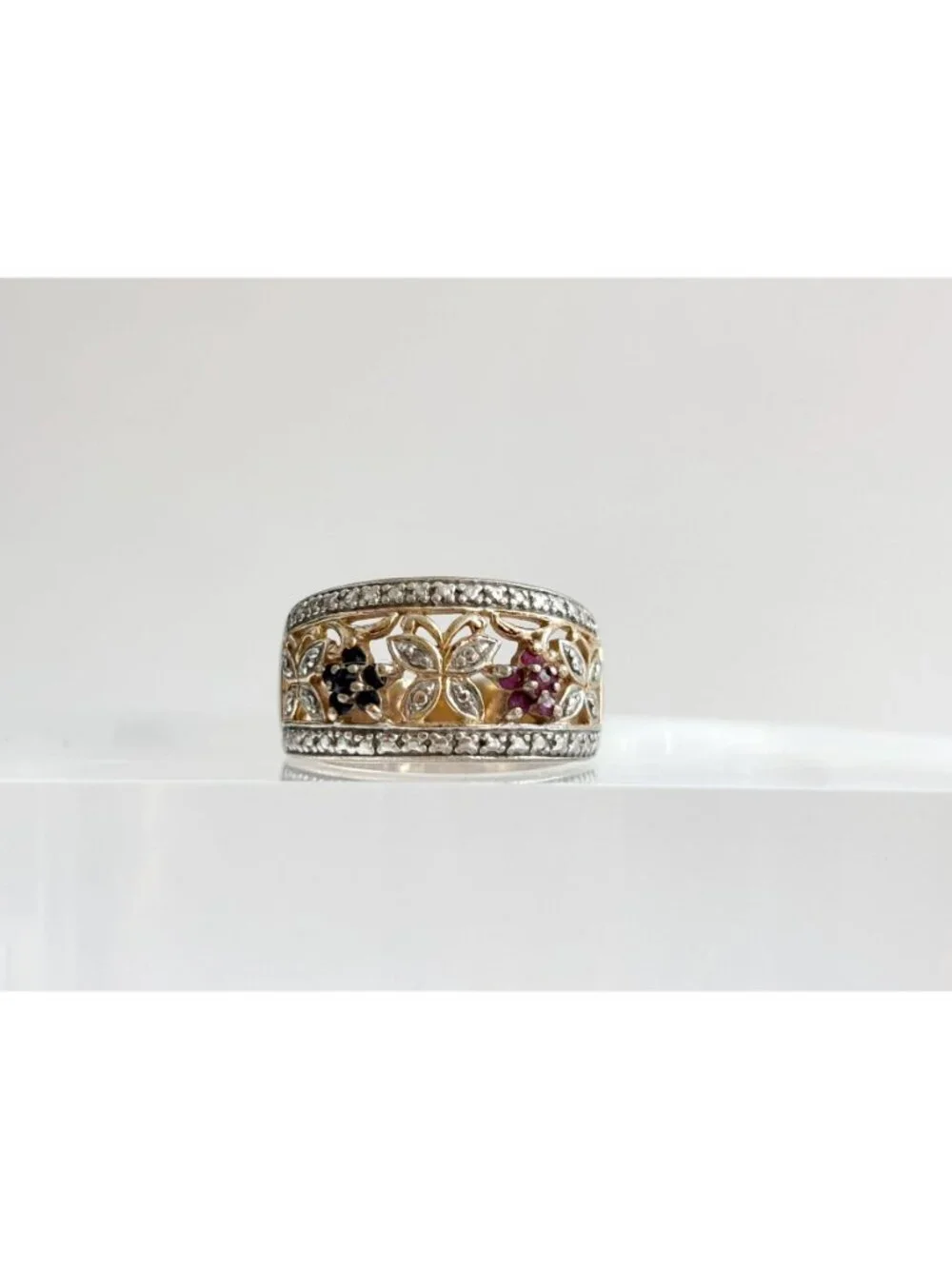 Butterfly Gold Overlay Garnet & Onyx Sterling Silver 925 Vintage Ring sz 8